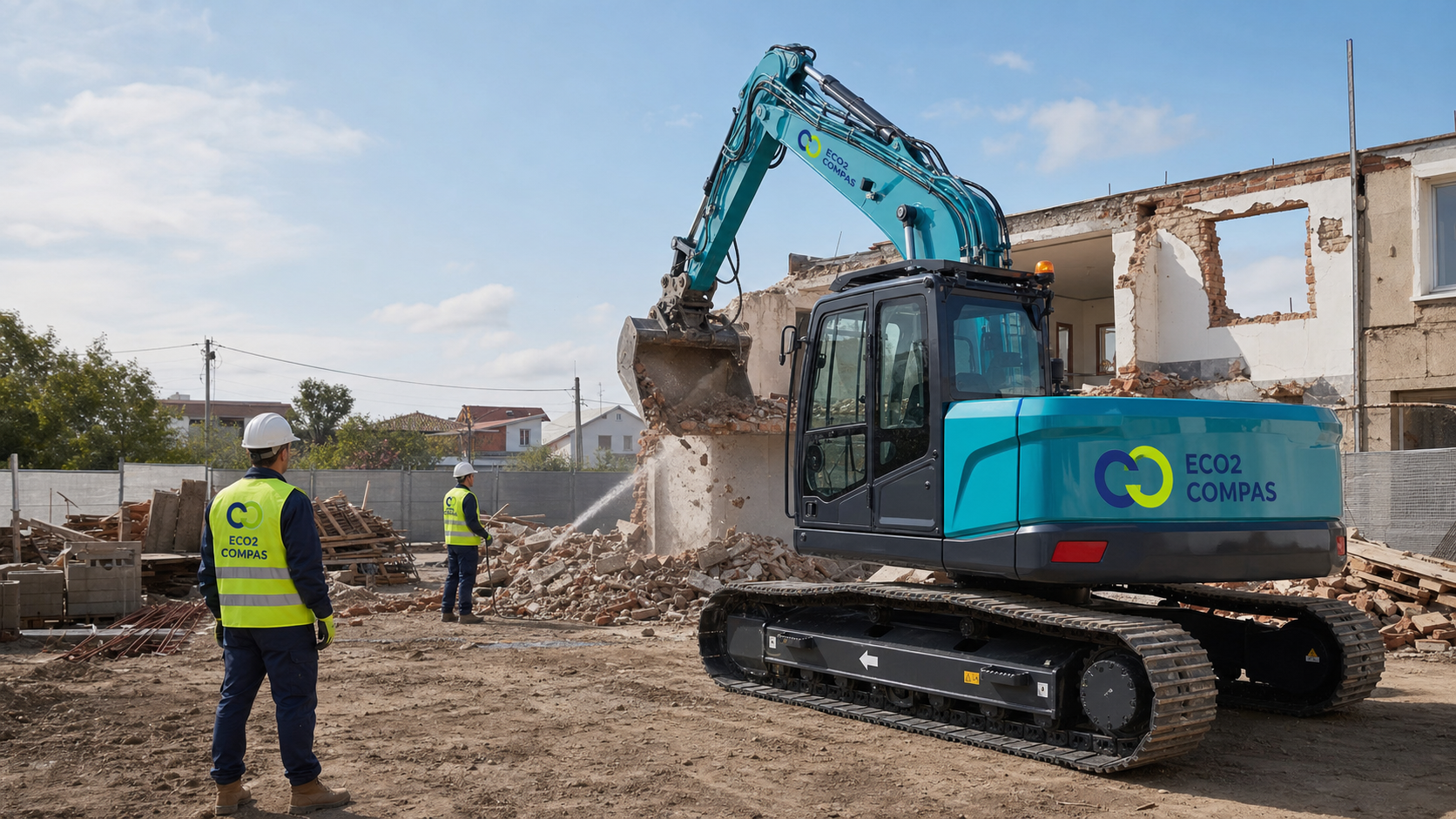 Demolare controlată a unei clădiri, cu excavator ECO2 COMPAS la lucru